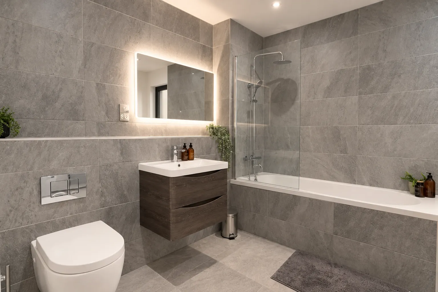 Grey tiled bathroom with backlit mirror in a Belfast apartment
