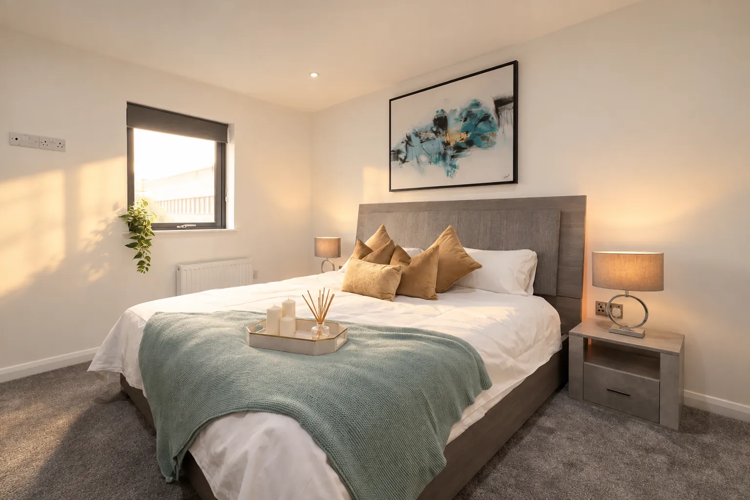Belfast apartment bedroom with teal throw and upholstered headboard, soft daylight