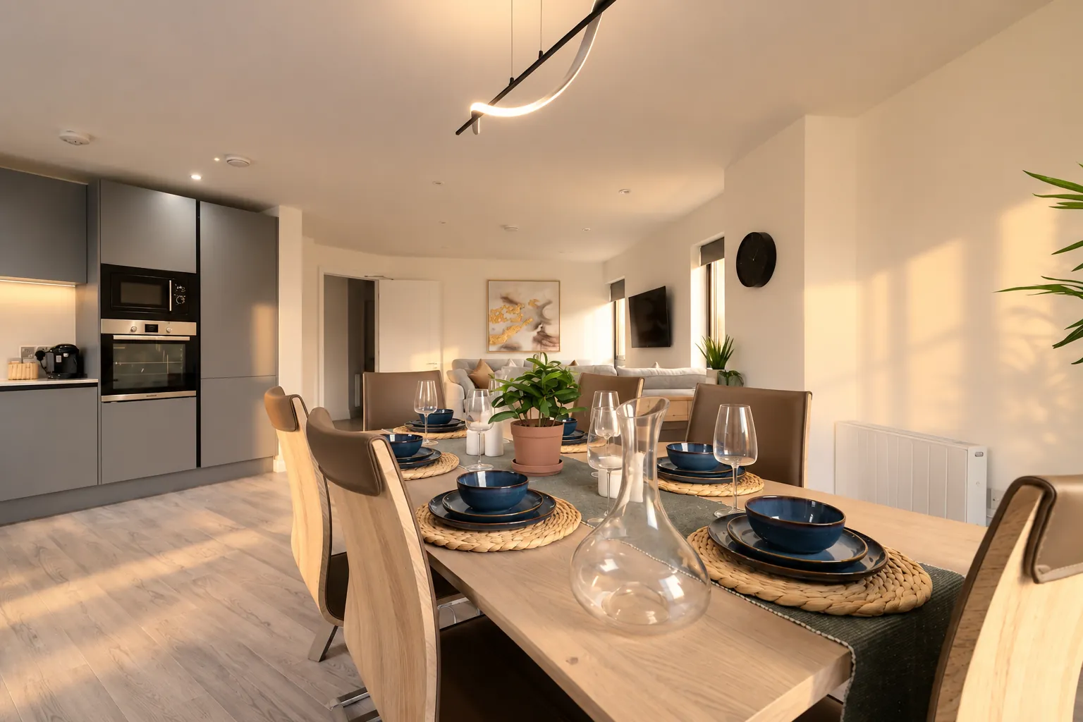 Belfast apartment dining table set for dinner with the kitchen beyond, afternoon sun