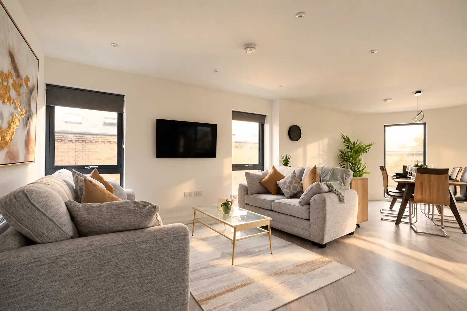 Open-plan Belfast apartment living room with grey sofas in afternoon sun