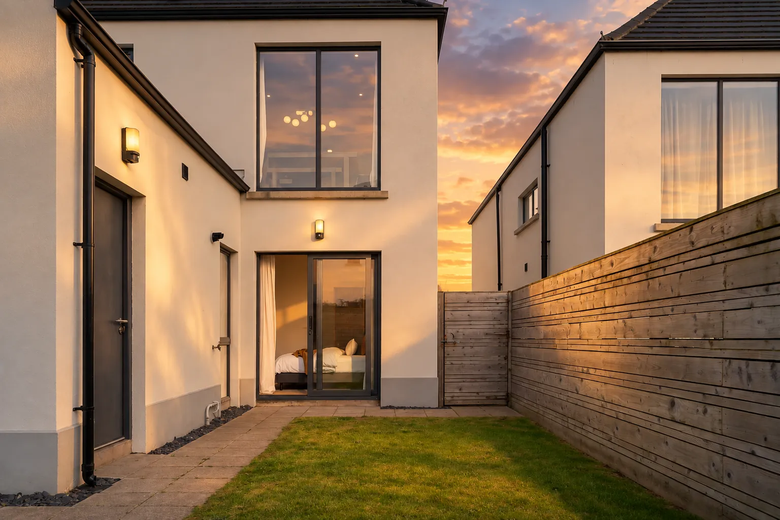 Holiday let rear garden and timber fence at sunset, Causeway Coast