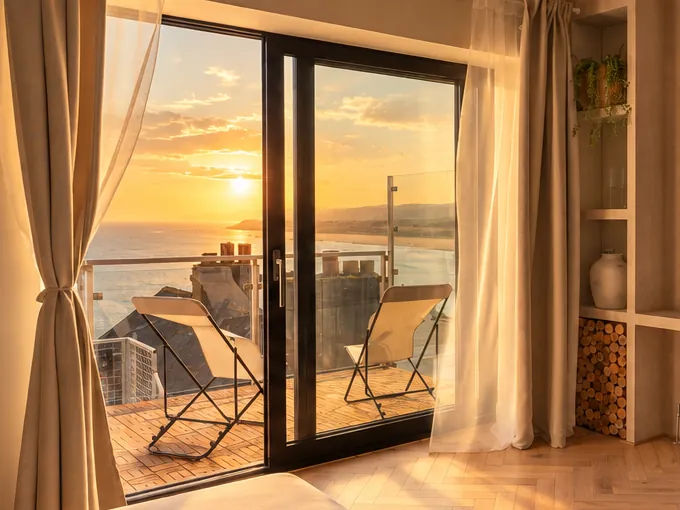 Sun setting over the sea through penthouse balcony doors, two deck chairs on the balcony, Portrush