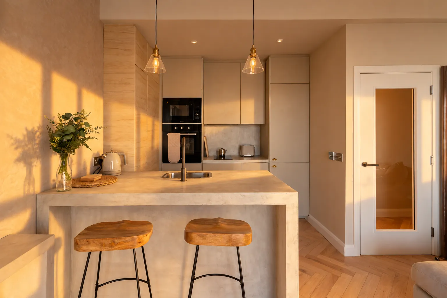 Kitchen island with oak stools and glass pendant lights in low evening sun, Portrush penthouse