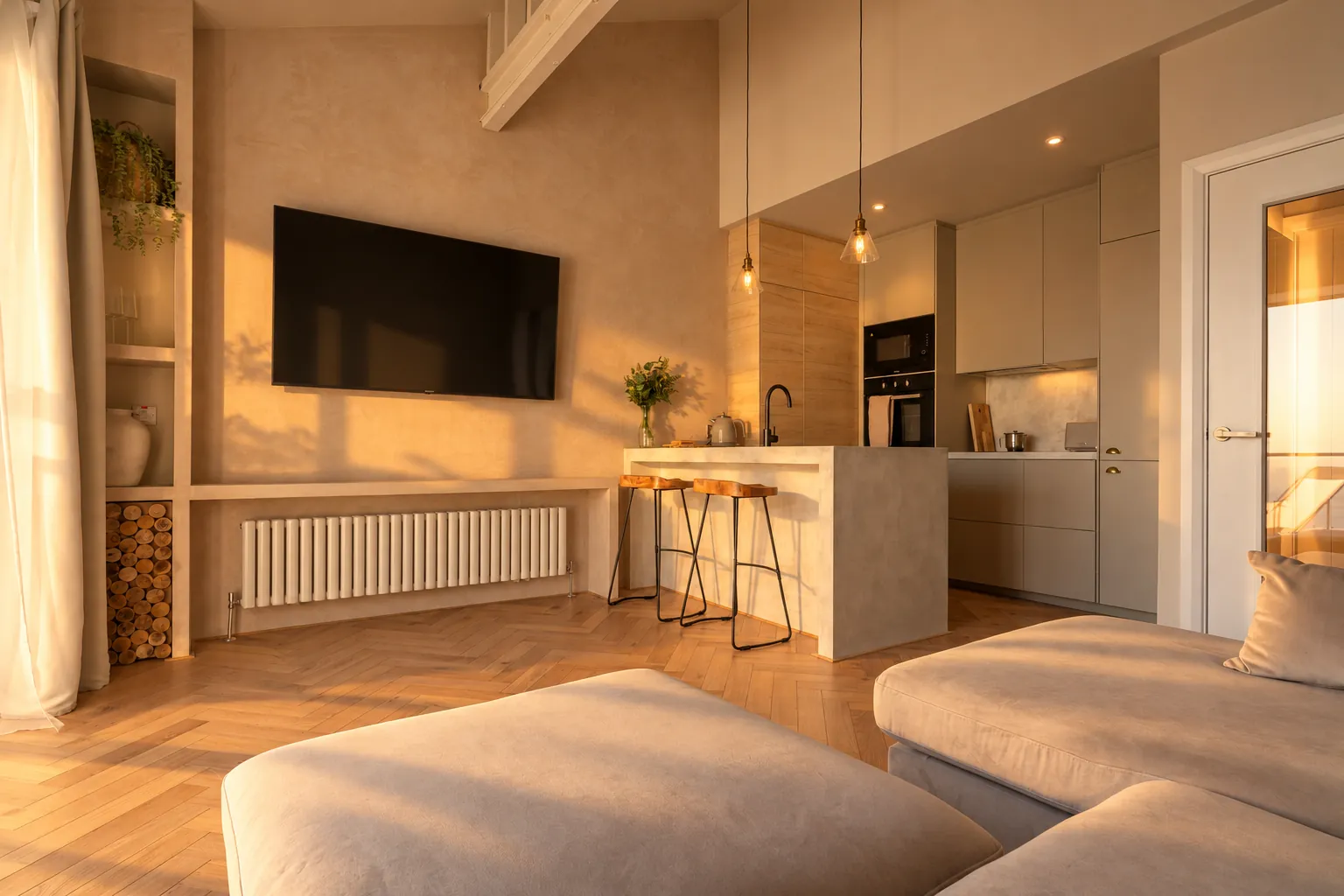 Open-plan penthouse living room and kitchen with herringbone floor in golden hour light, Portrush
