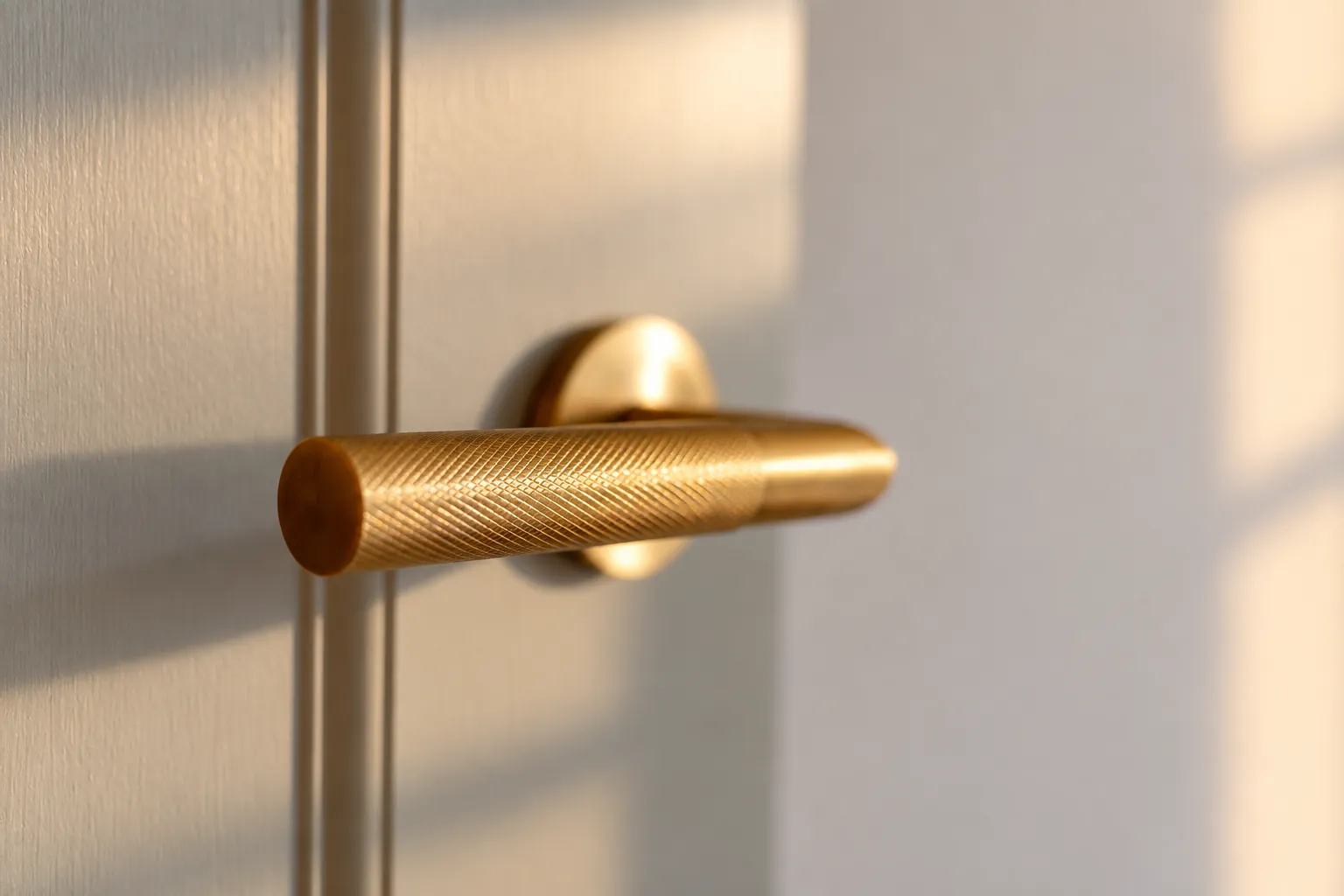 Knurled brass door handle on a painted door in low evening light, North Coast cottage