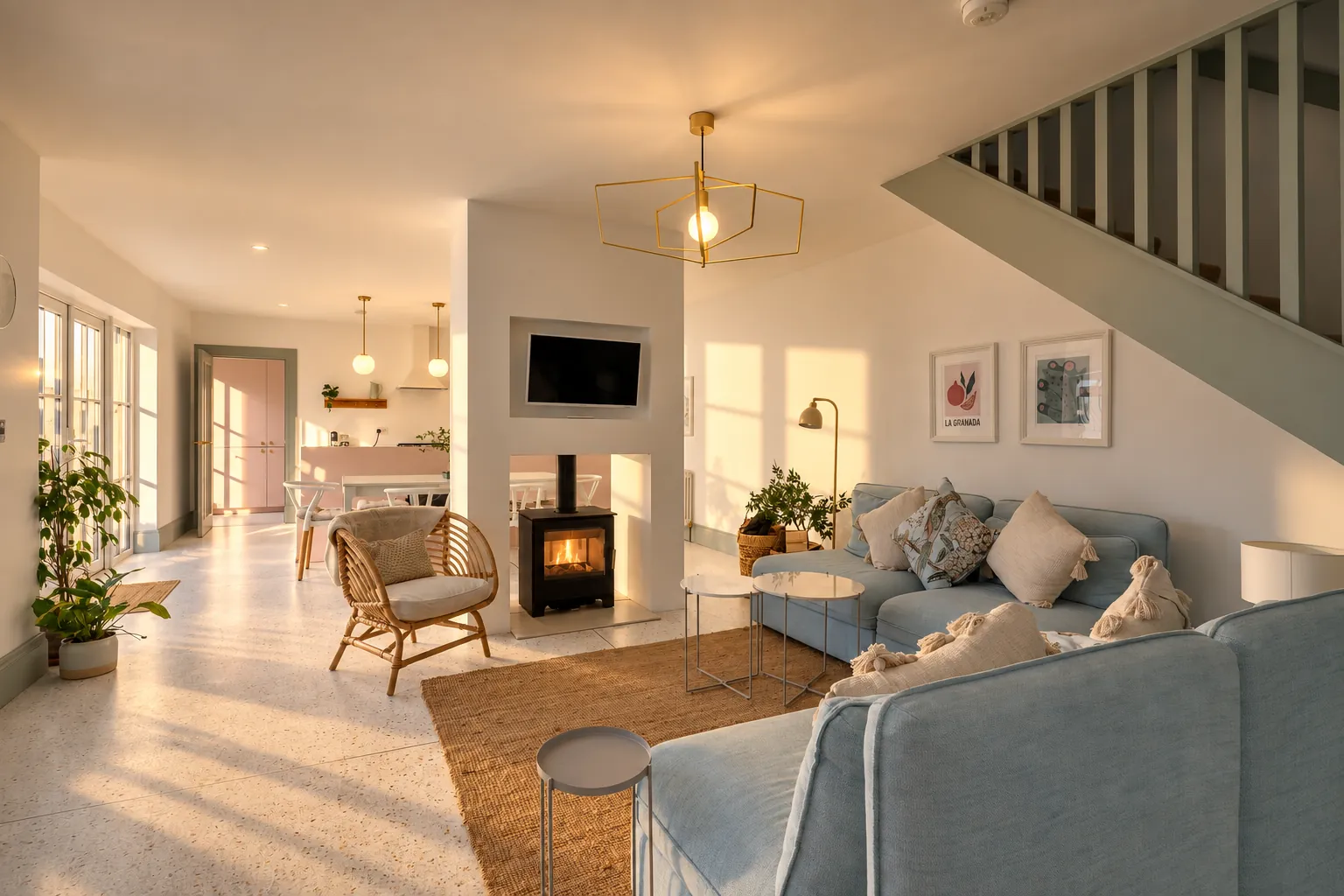 Open-plan cottage living room with woodburner and blue sofa in low evening sun, North Coast