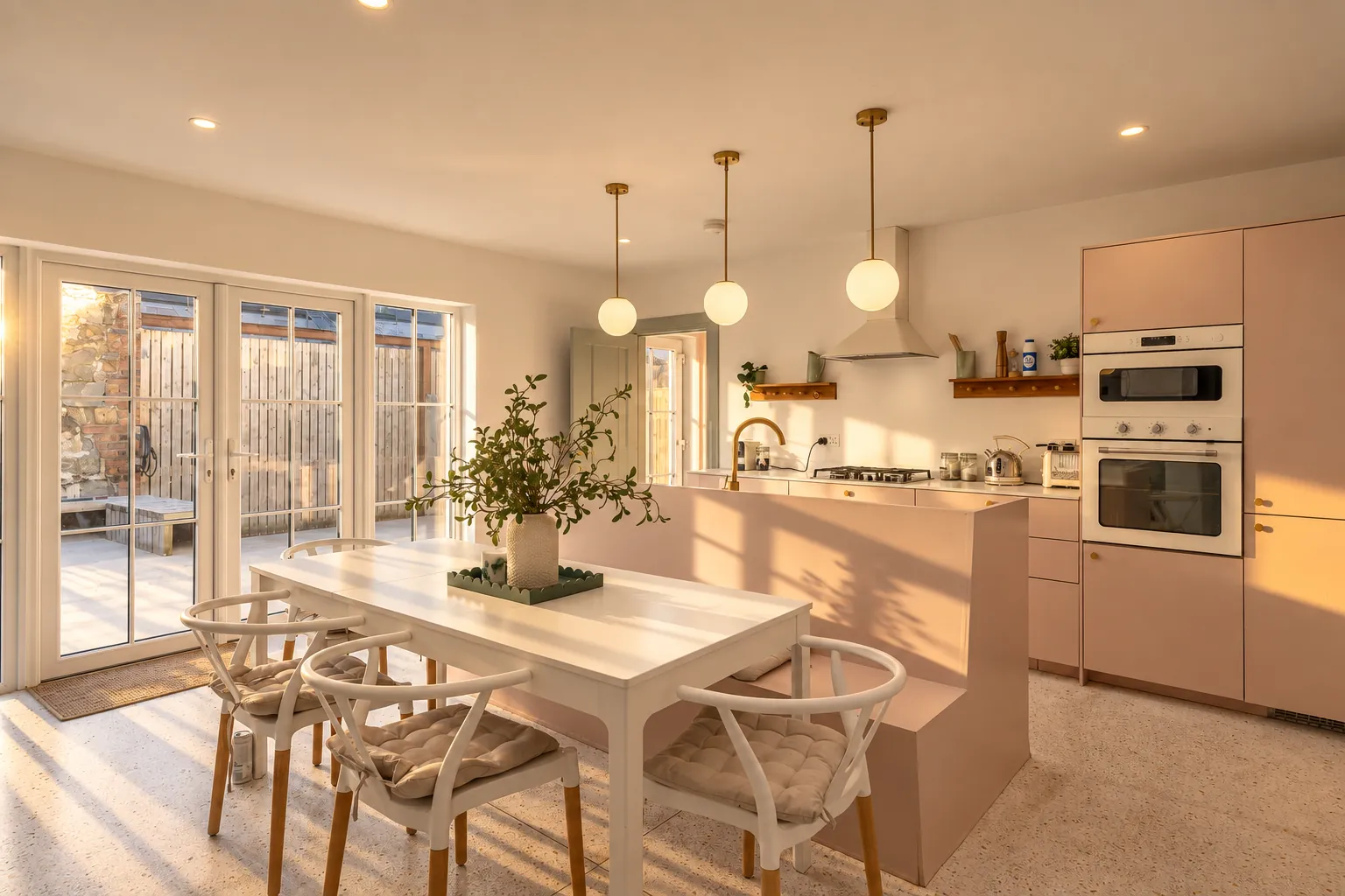 Blush-pink cottage kitchen with white dining table and globe pendants in late afternoon light, North Coast
