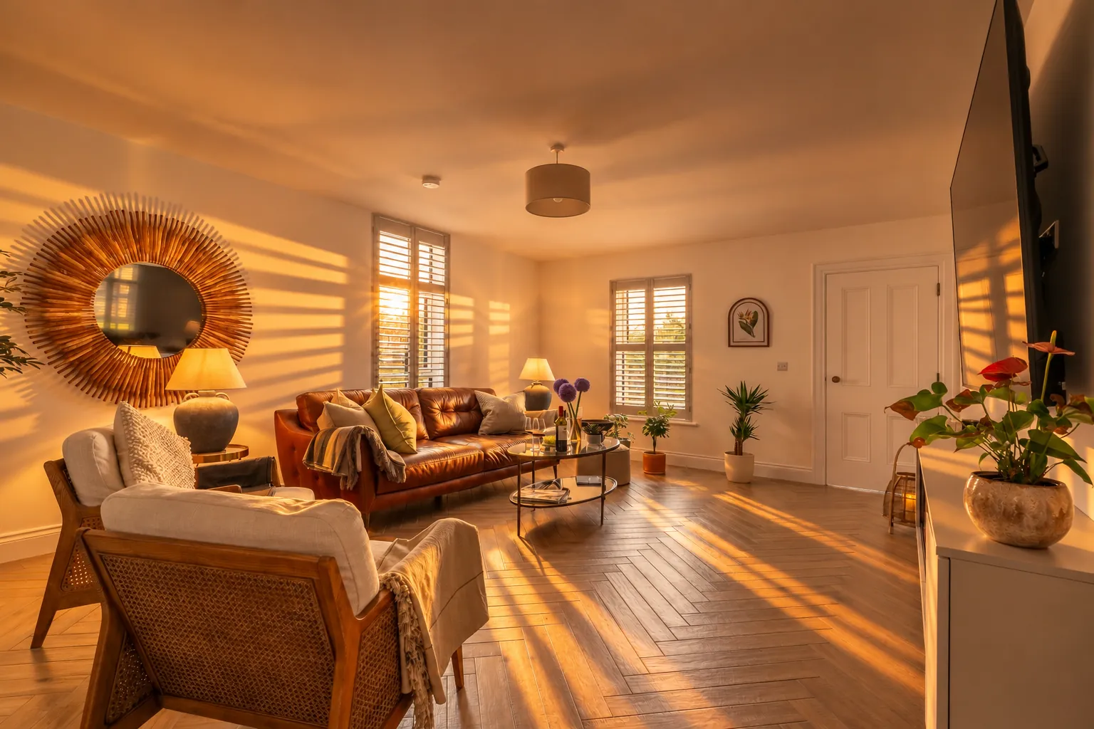 Bushmills living room at golden hour, low sun through plantation shutters across a herringbone floor