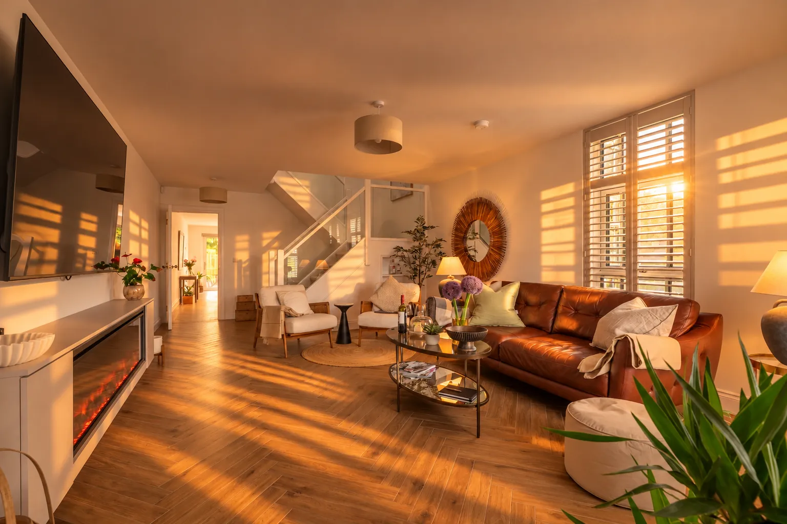 Bushmills living room looking towards a glass staircase, evening sun striping the floor