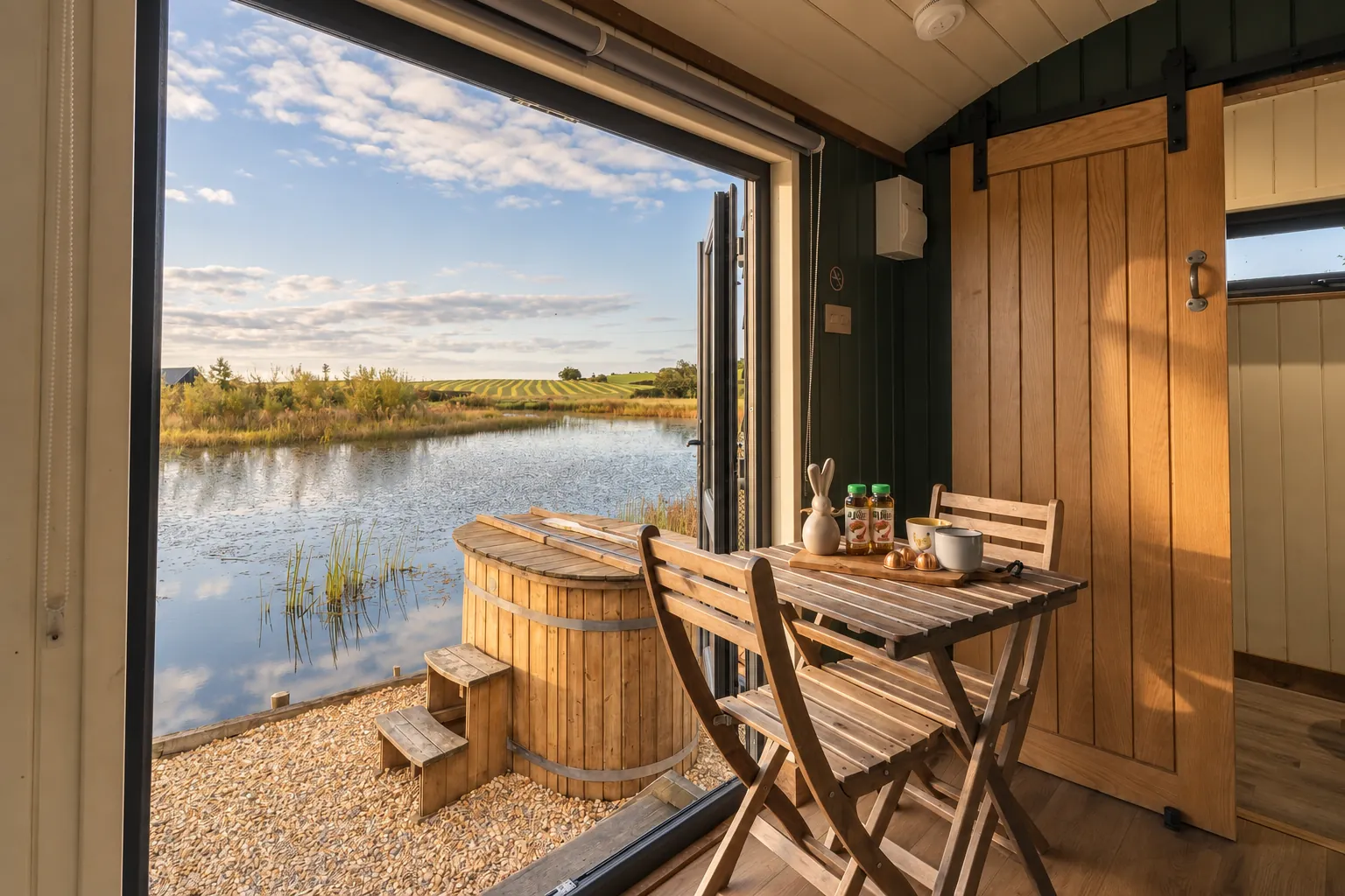 Shepherd’s hut door open onto a lake and wooden hot tub in late afternoon sun, Northern Ireland