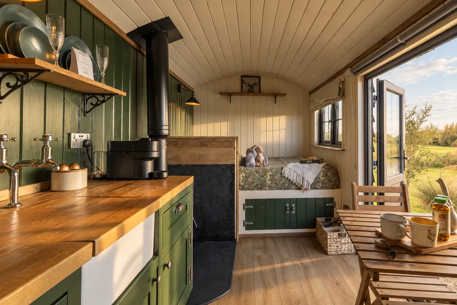 Green panelled shepherd’s hut kitchen with oak worktop, butler sink and woodburner, soft daylight