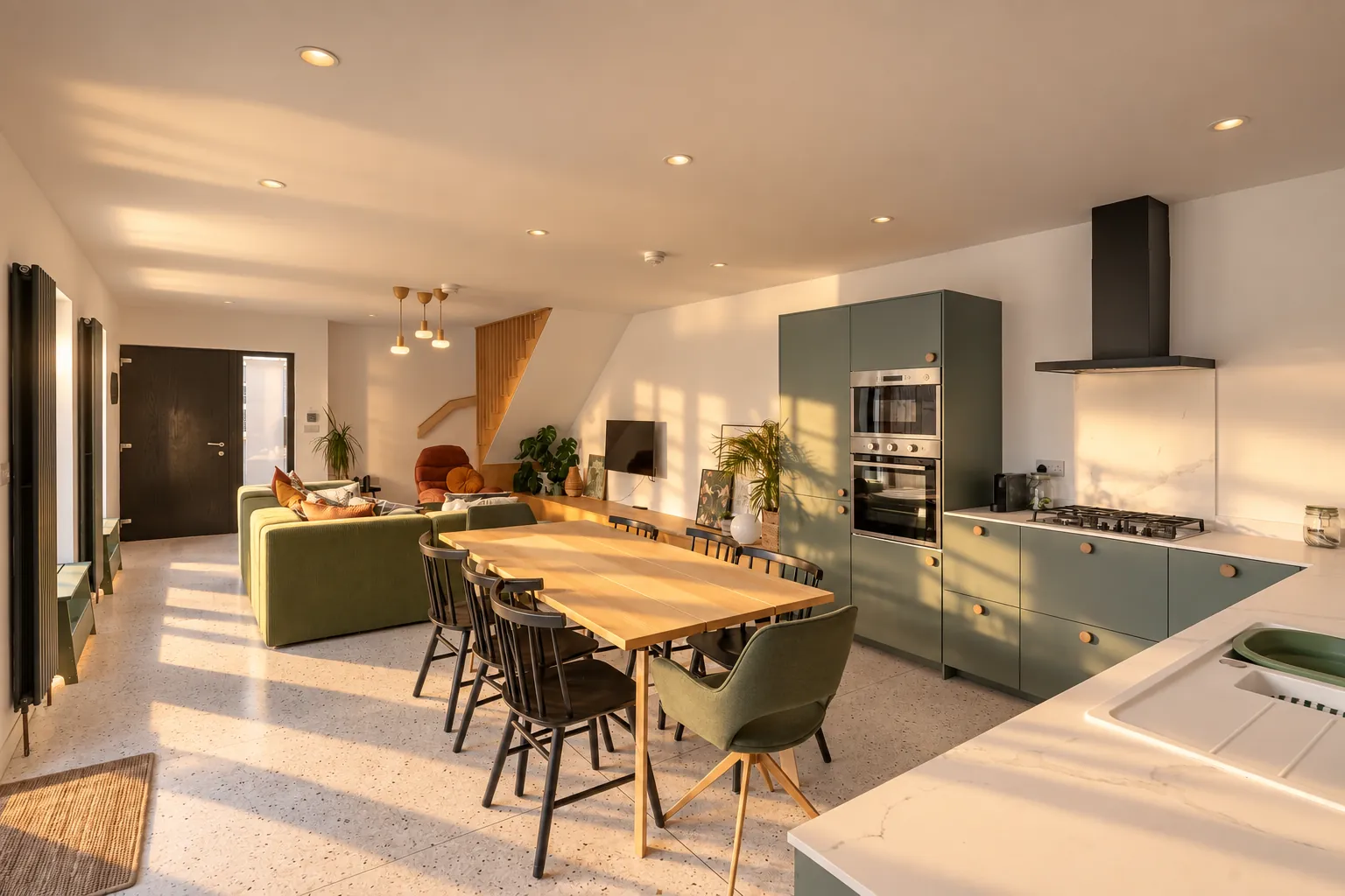 Sage-green townhouse kitchen with long oak dining table in warm late light, Northern Ireland